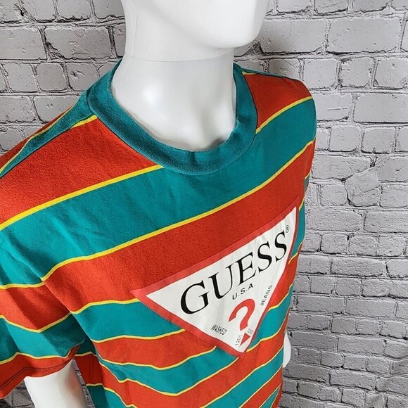 Guess Logo Orange/Green Striped T-Shirt, Men's Medium - Picture 3 of 11